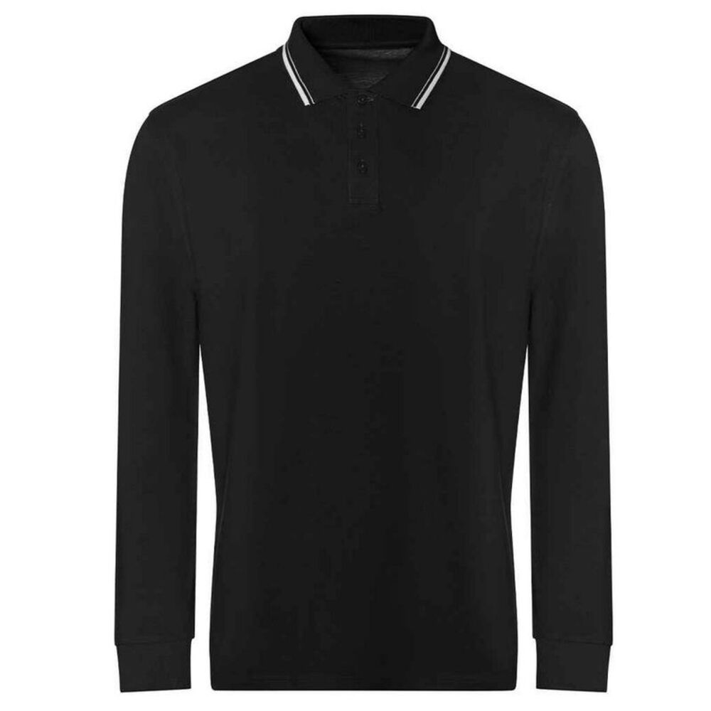 Awdis Mens Tipped Long-Sleeved Polo Shirt / Deep Black/White